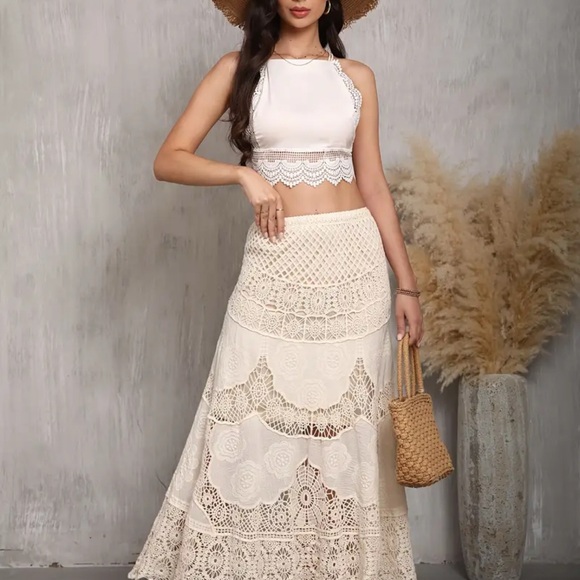 Lace Embroidered  Maxi Skirt Cream Color Size XL - Picture 7 of 10